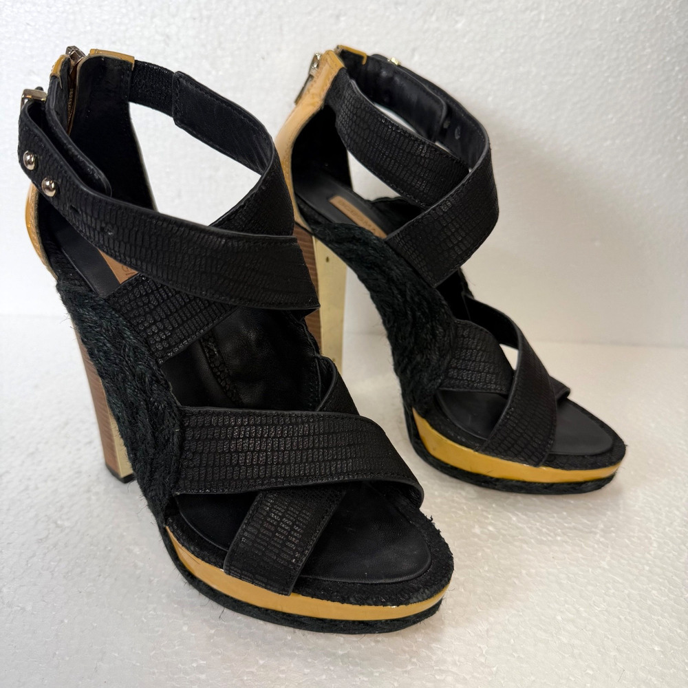 BCBG Maxazria Fritz Open Toe Heels Women's 7B Black Woven Strappy 5" Heel